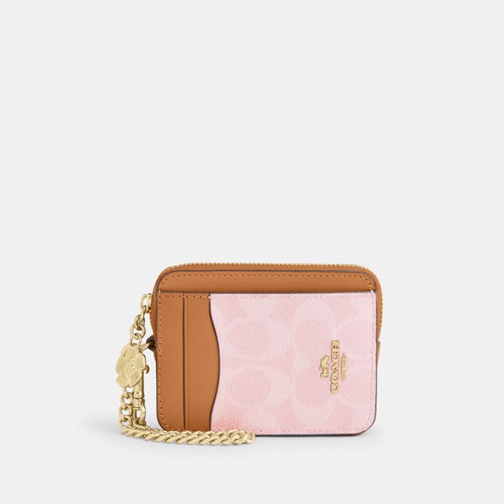 Coach Zip Card Case In Signature Canvas With Charm Gold Powder Pink