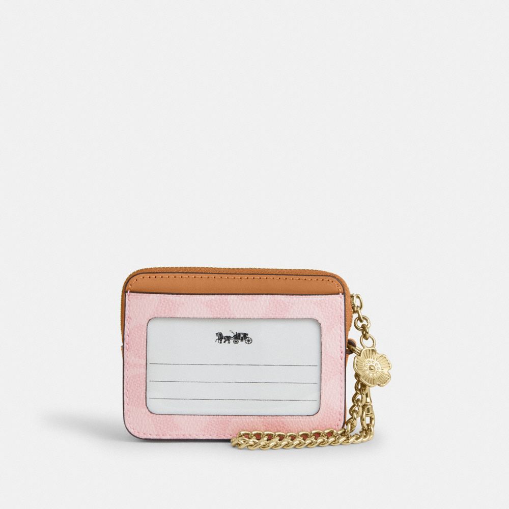 Coach Zip Card Case In Signature Canvas With Charm Gold Powder Pink