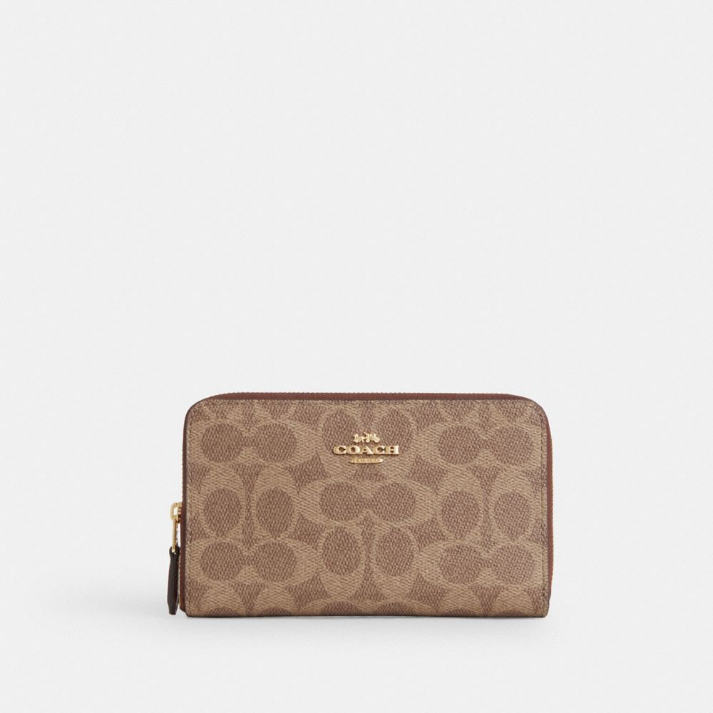 Coach Medium Id Zip Wallet In Signature Canvas Gold Tan Brown
