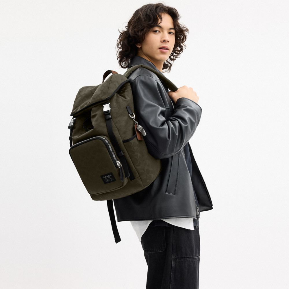 Coach Logan Backpack In Signature Nylon Dark Moss
