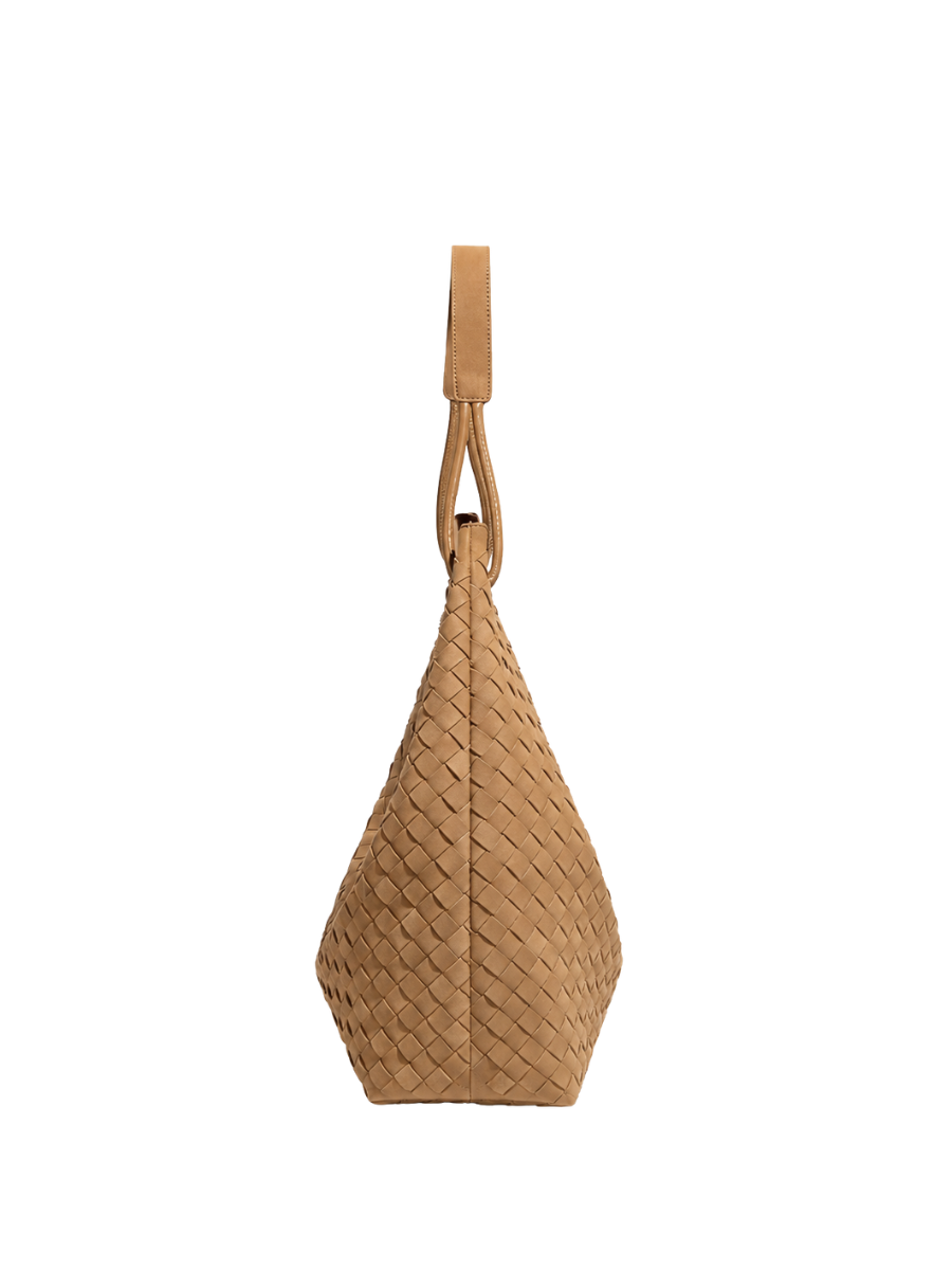 Sia- Ladies Woven Tote Bag , Faux Leather | Caramel