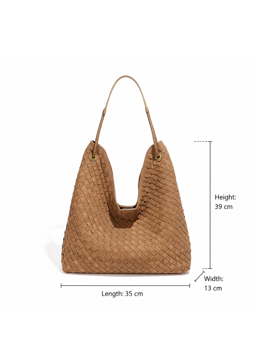 Sia- Ladies Woven Tote Bag , Faux Leather | Caramel