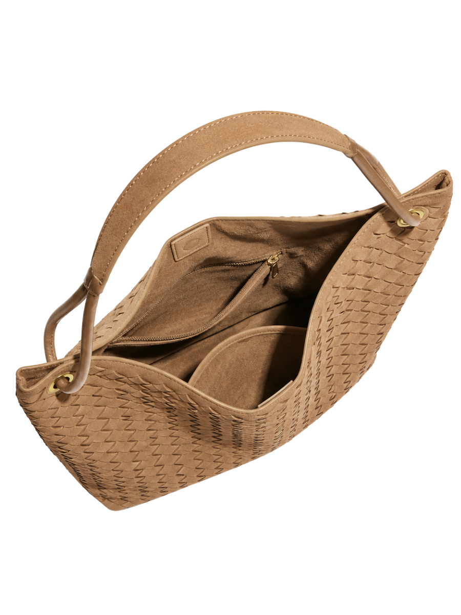 Sia- Ladies Woven Tote Bag , Faux Leather | Caramel