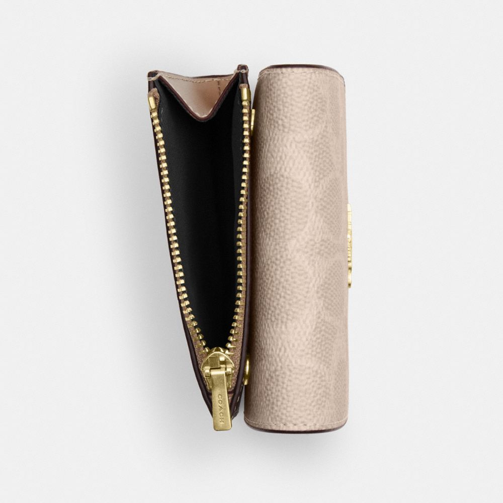Coach Card Holder Wallet In Blocked Signature Canvas Gold Sand Tan