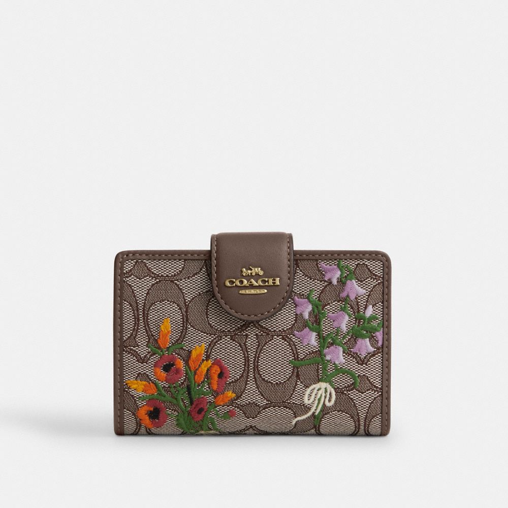 Coach Medium Corner Zip Wallet In Signature Jacquard With Floral Embroidery Gold Oak Multi