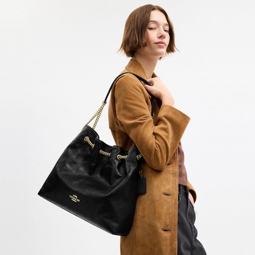 Coach Evelyn Large Shoulder Bag With Quilting Gold Black