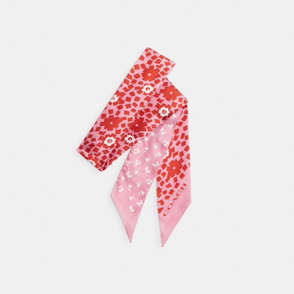 Coach Country Club Floral Print Silk Skinny Scarf Pink Red