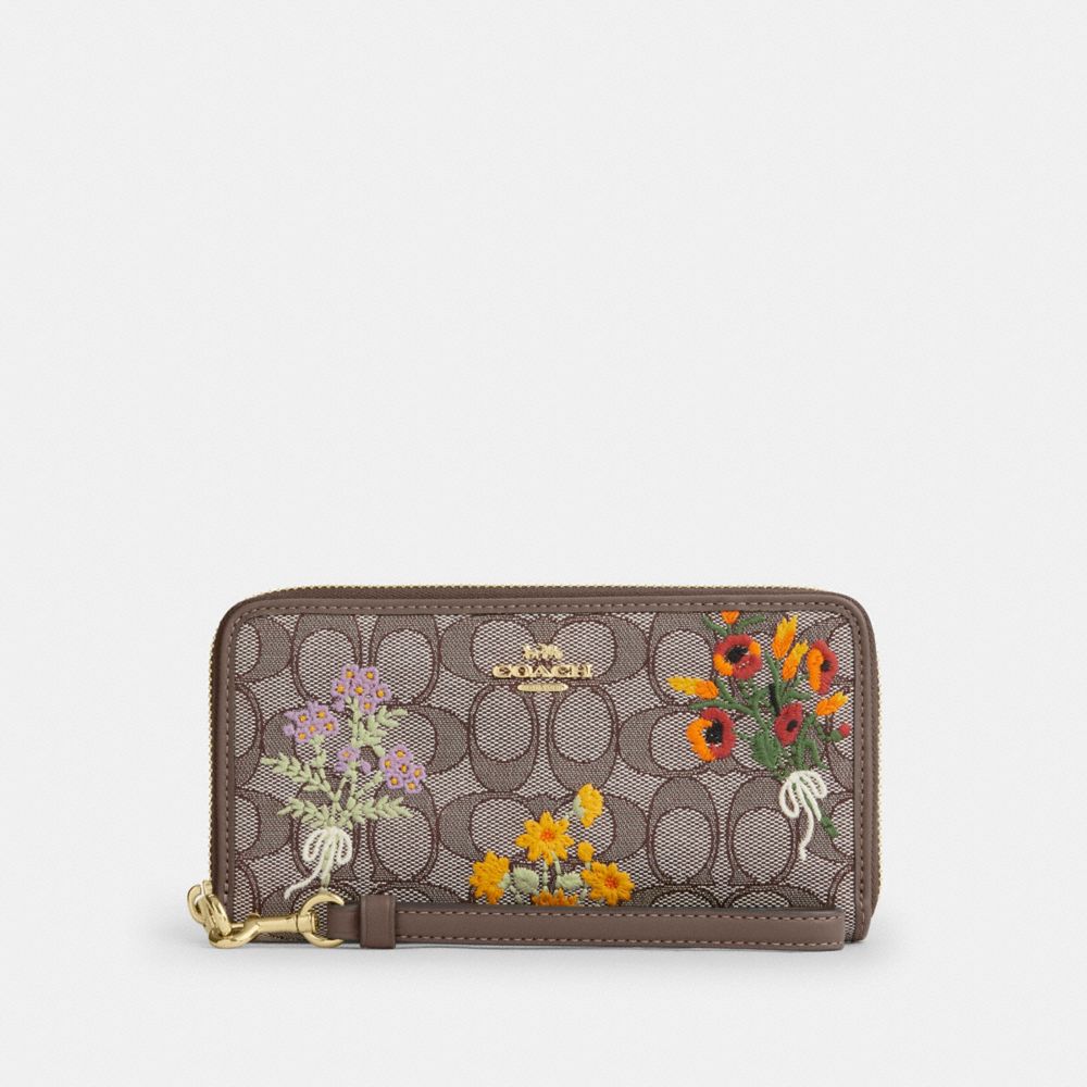 Coach Long Zip Around Wallet In Signature Jacquard With Floral Embroidery Gold Oak Multi