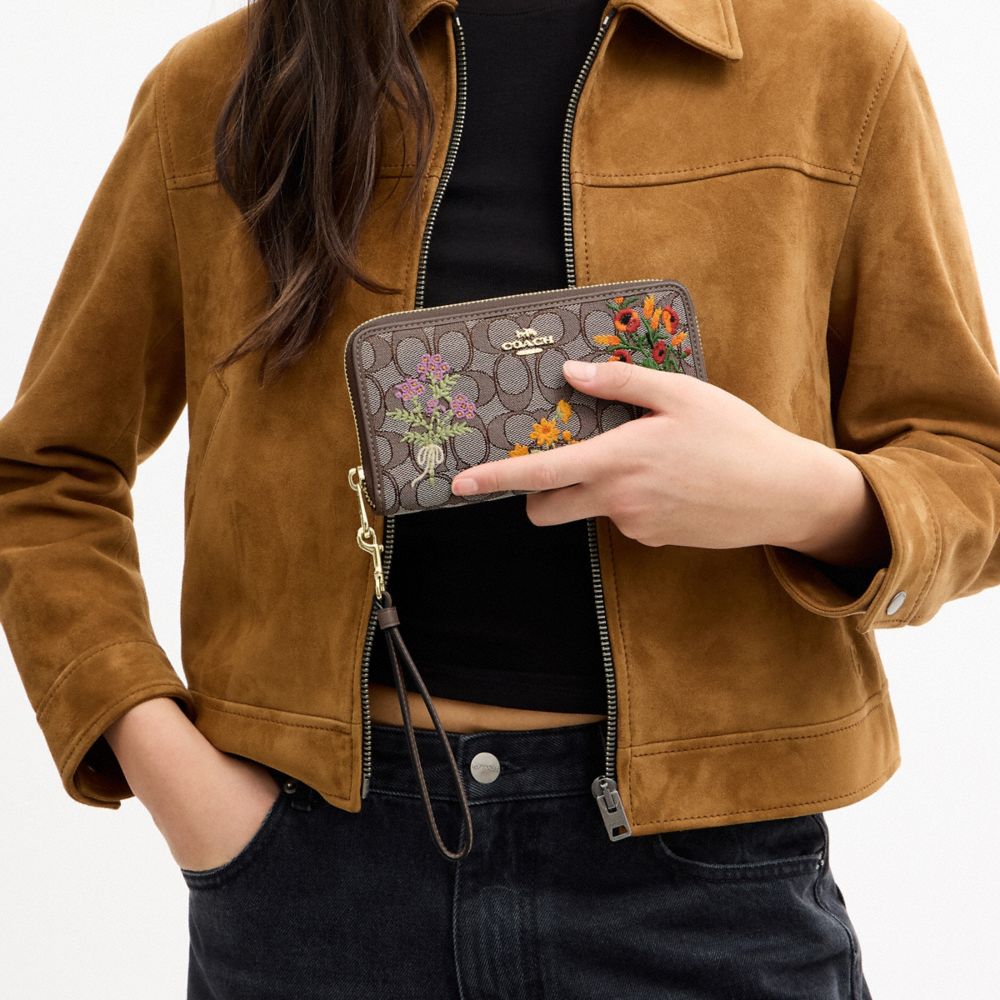 Coach Long Zip Around Wallet In Signature Jacquard With Floral Embroidery Gold Oak Multi