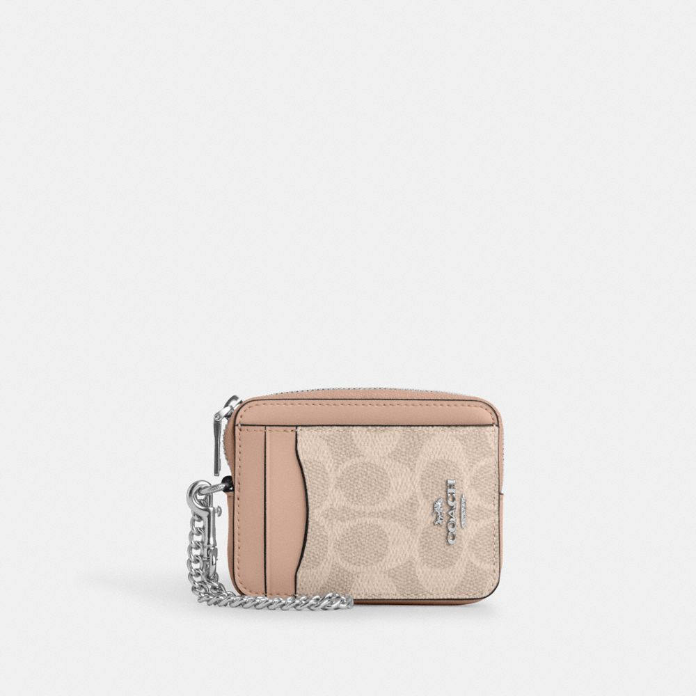 Coach Zip Card Case In Signature Canvas Silver Sand Taupe