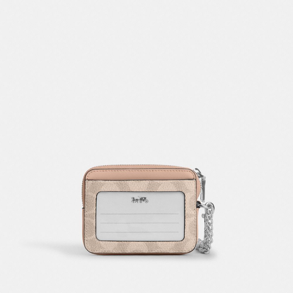 Coach Zip Card Case In Signature Canvas Silver Sand Taupe