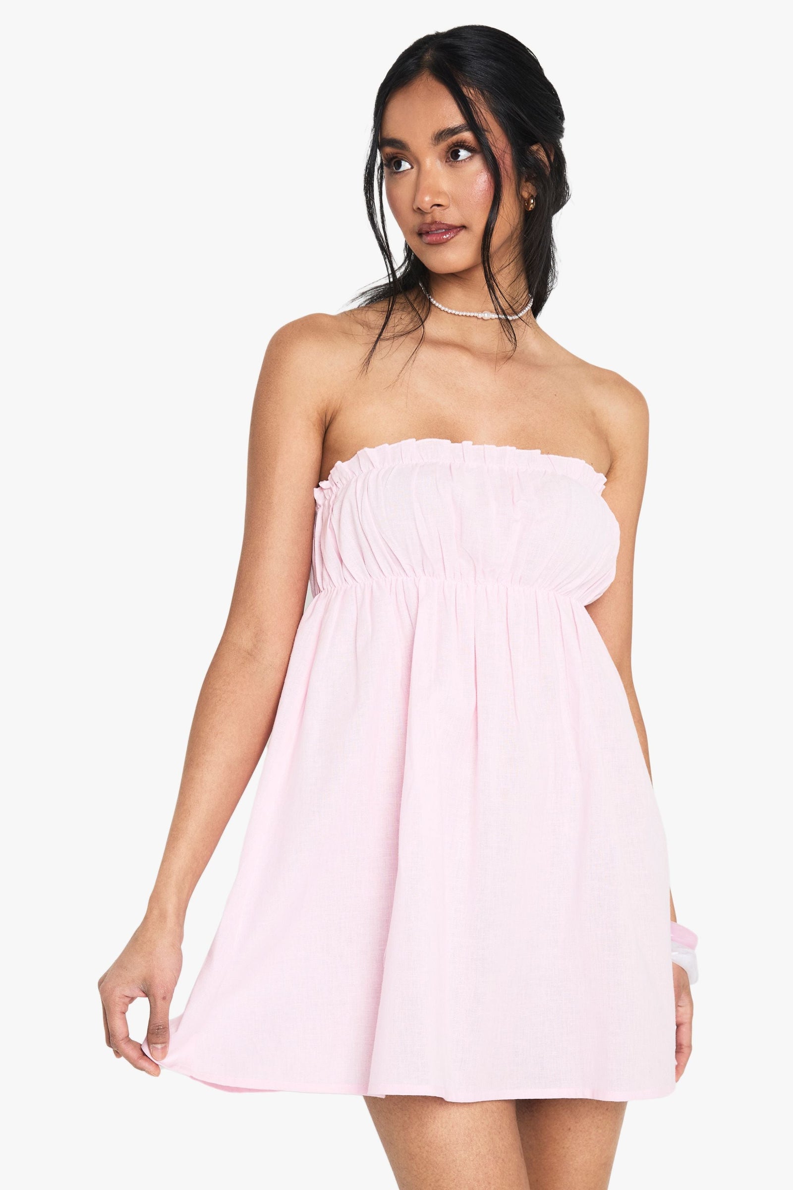 Linen Shirred Bandeau Mini Dress