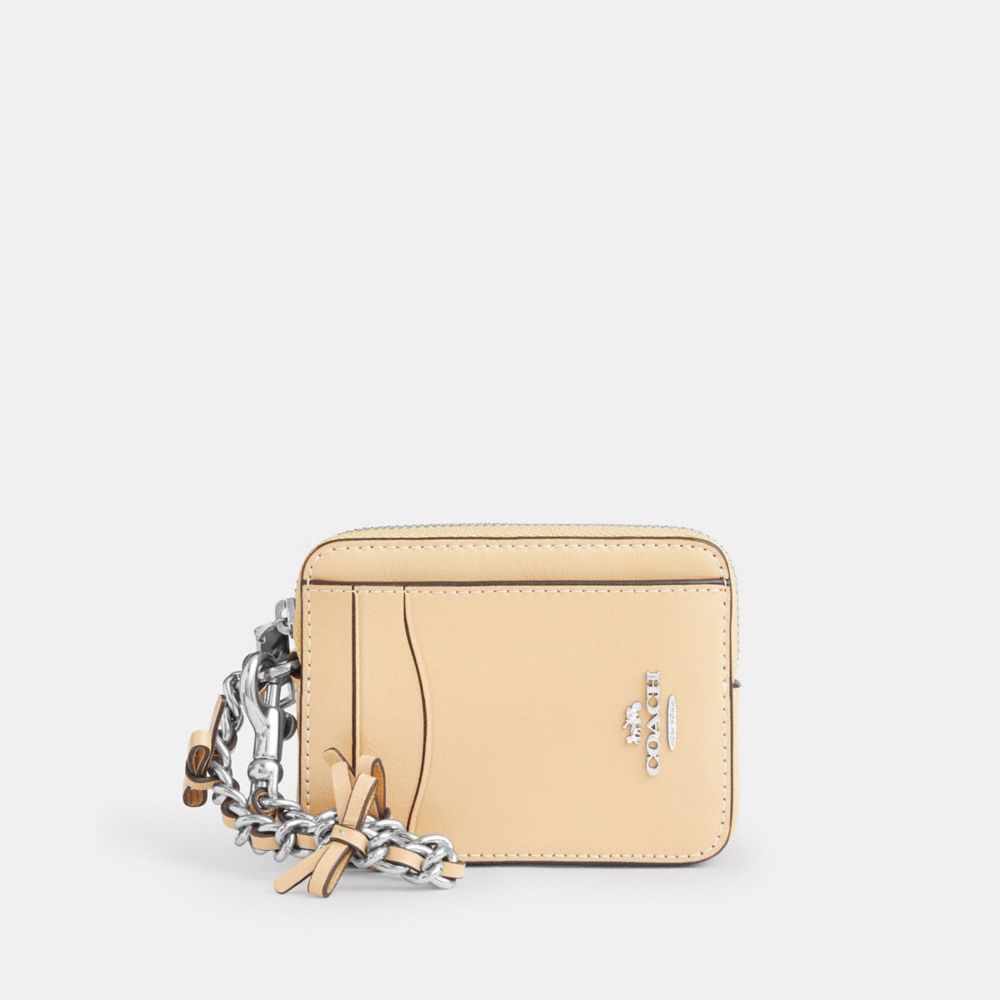 Coach Zip Card Case With Bows Silver Light Sand