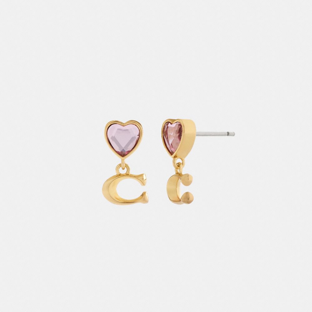 Coach Heart Signature Stud Drop Earrings Gold Pink