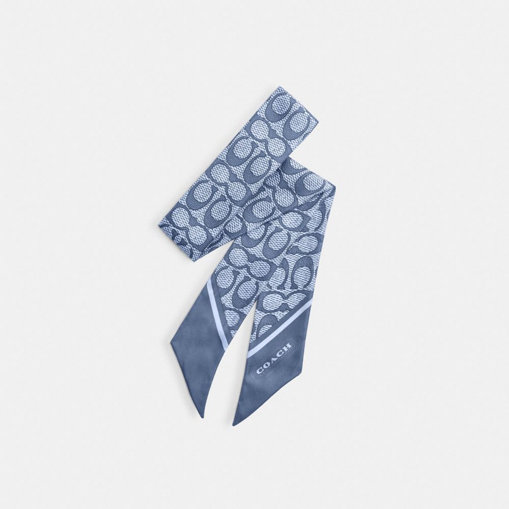 Coach Textured Signature Print Silk Skinny Scarf Light Denim