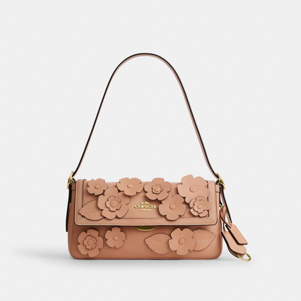 Coach Etta Small Flap Shoulder Bag With Floral Applique Gold Light Pink