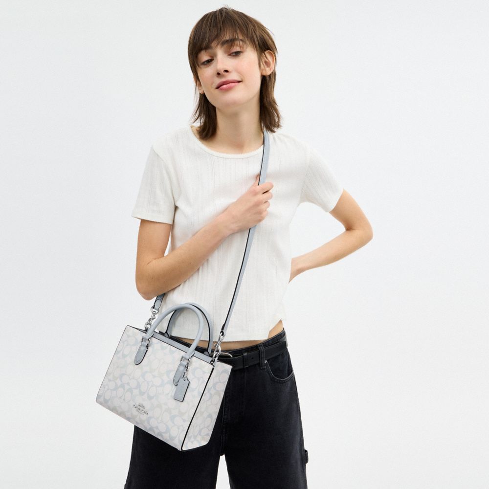 Coach Maggie Small Tote Bag In Signature Canvas Silver Chalk Blue