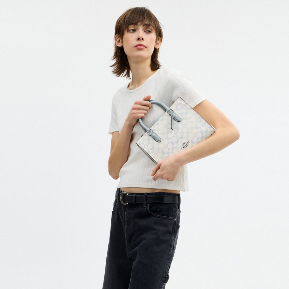 Coach Maggie Small Tote Bag In Signature Canvas Silver Chalk Blue