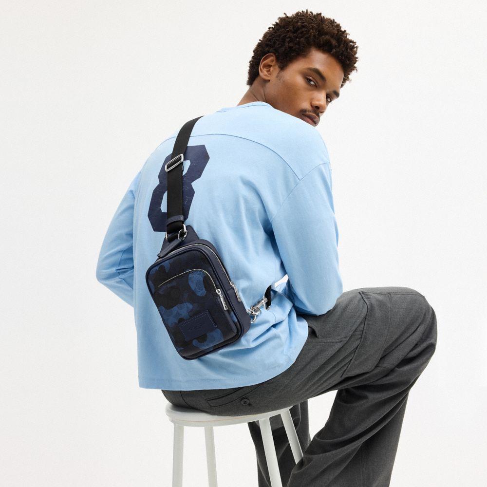 Coach Racer Sling Pack In Signature Camo Print Silver Blue Multi