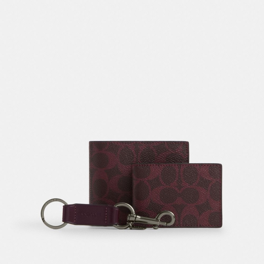 Coach Boxed 3 In 1 Wallet Gift Set In Signature Canvas Gunmetal Black Currant