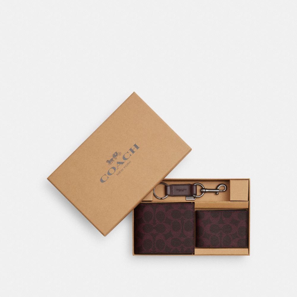 Coach Boxed 3 In 1 Wallet Gift Set In Signature Canvas Gunmetal Black Currant