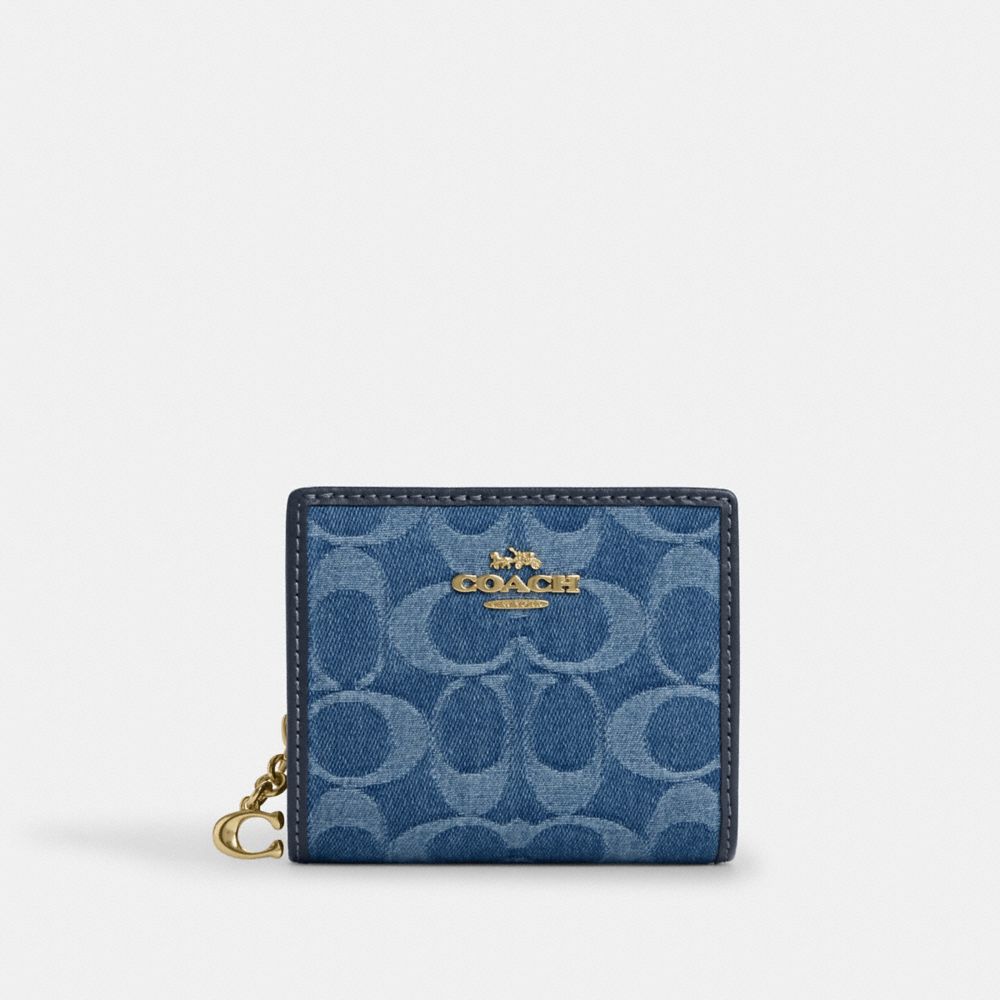 Coach Snap Wallet In Signature Denim Gold Indigo
