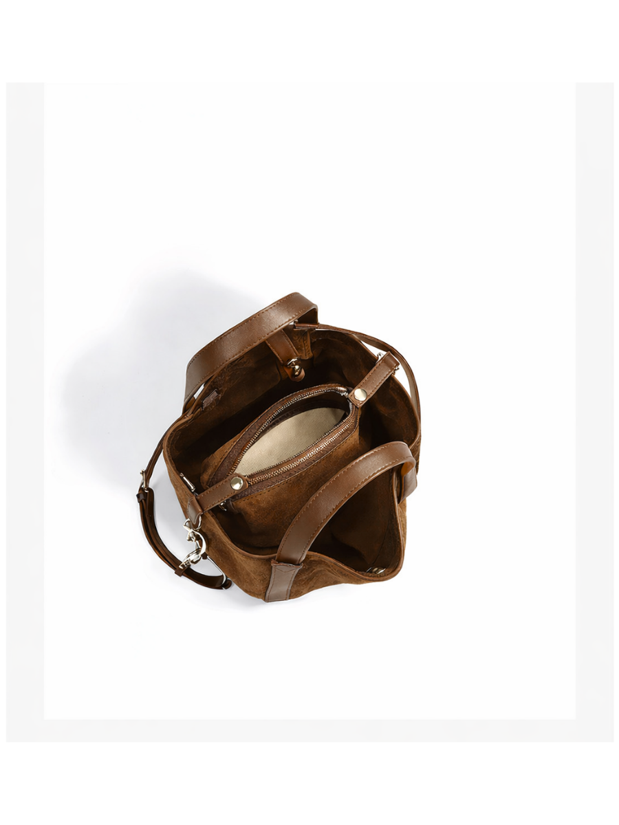 Toscana-Ladies suede leather bucket bag, col. Dark Brown