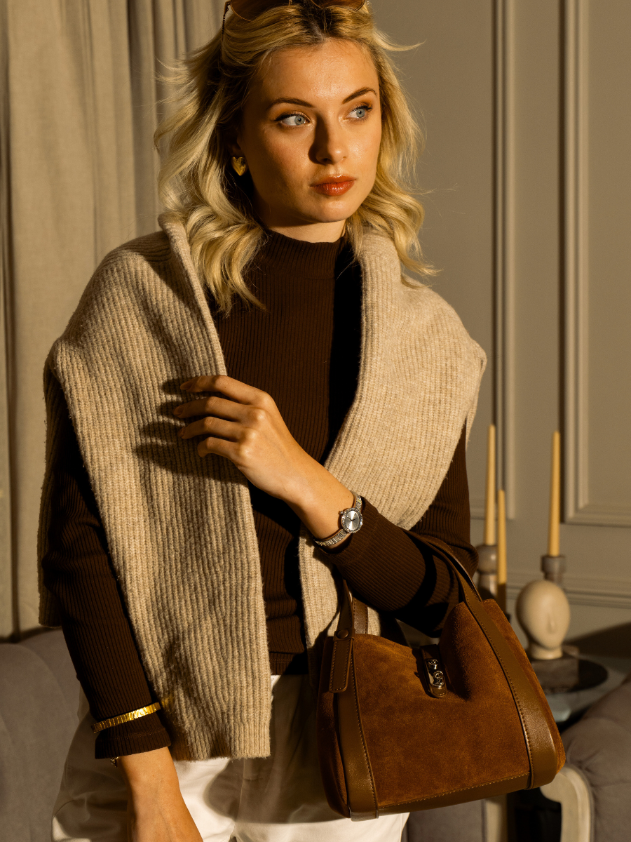 Toscana-Ladies suede leather bucket bag, col. Dark Brown