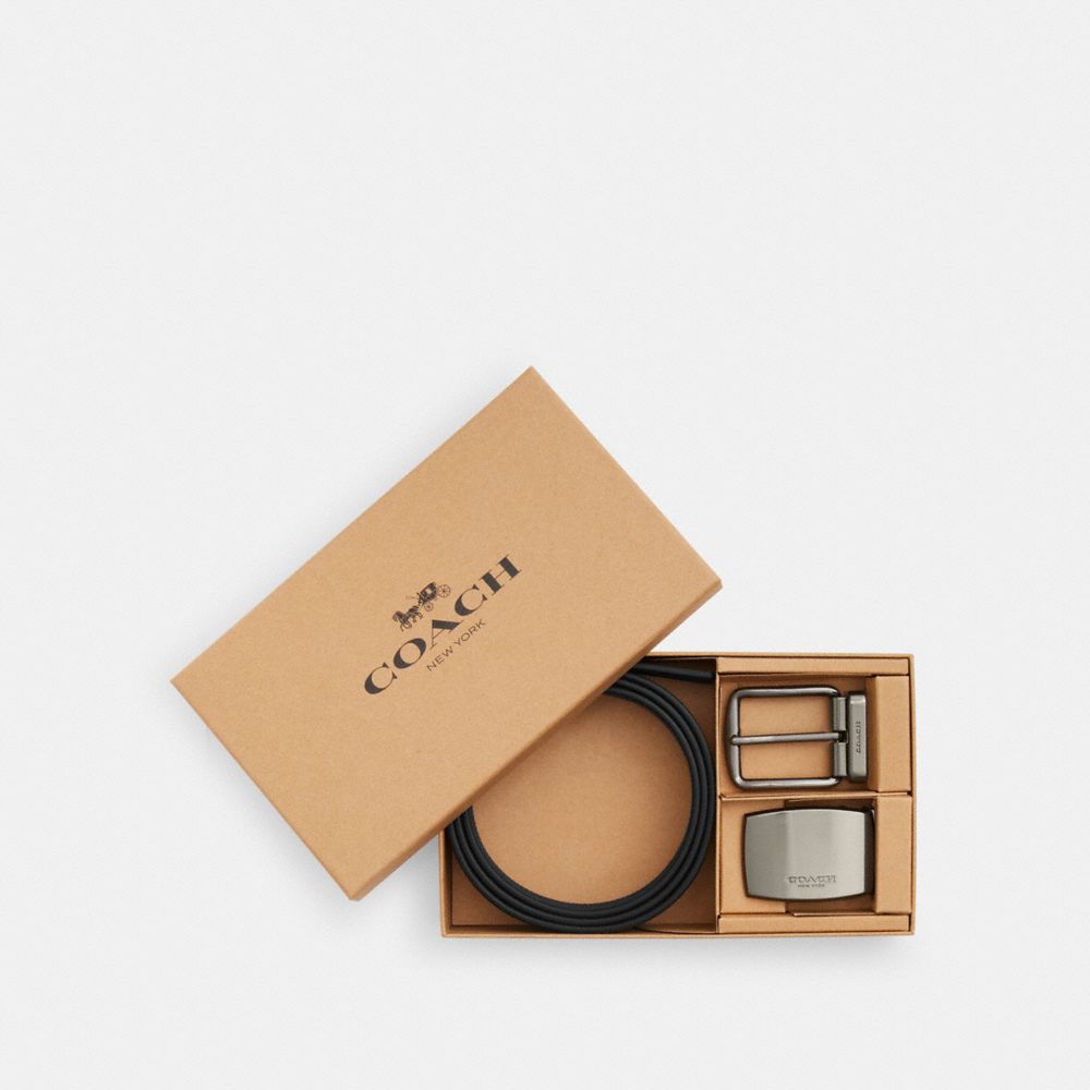 Coach Boxed Plaque And Harness Buckle Cut To Size Reversible Belt, 38 Mm Gunmetal Charcoal Black