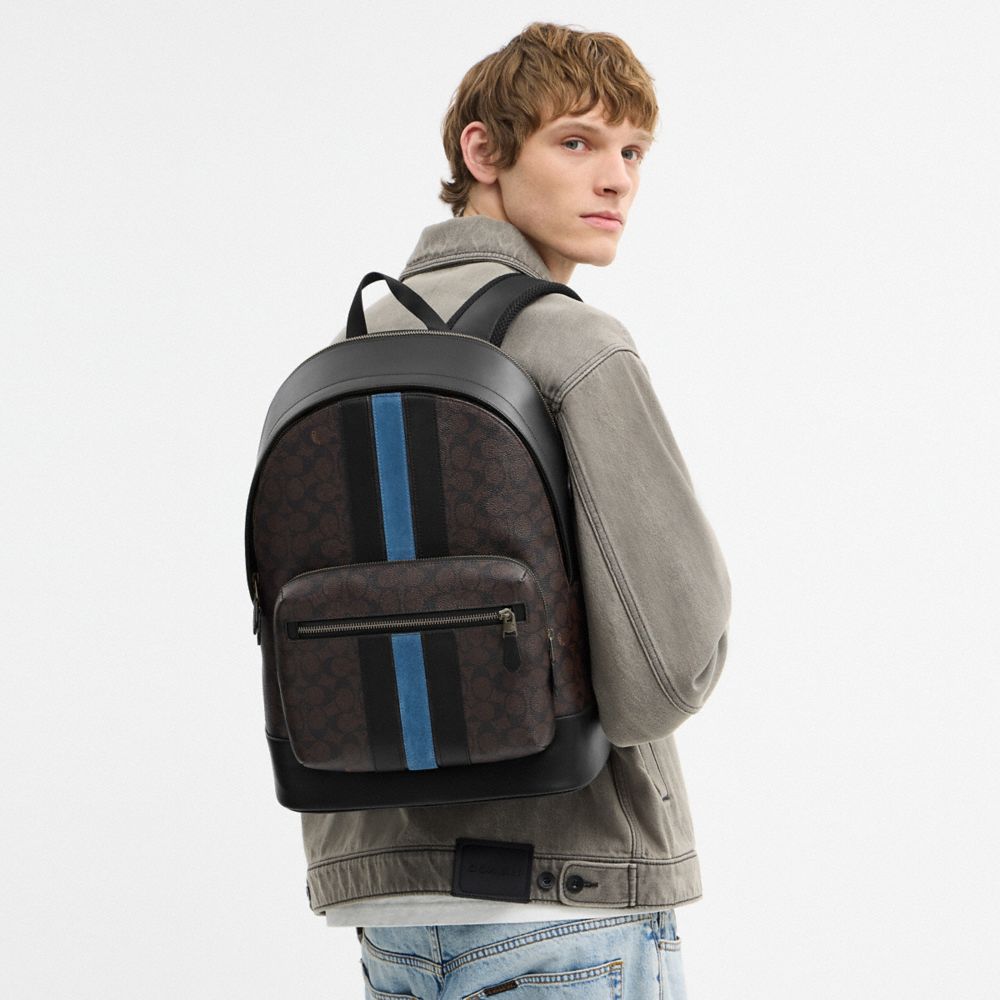 Coach West Backpack In Signature Canvas With Varsity Stripe Gunmetal