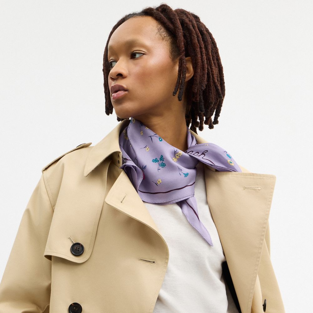 Coach Tossed Floral Print Silk Diamond Scarf Violet Mist