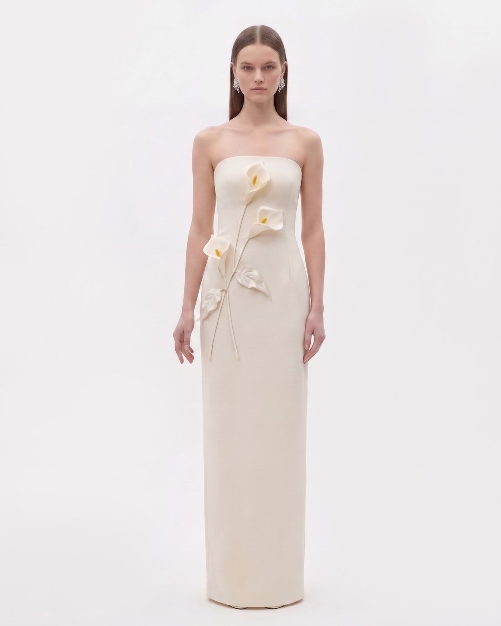 Floral Appliqué Strapless Dress - Yellow