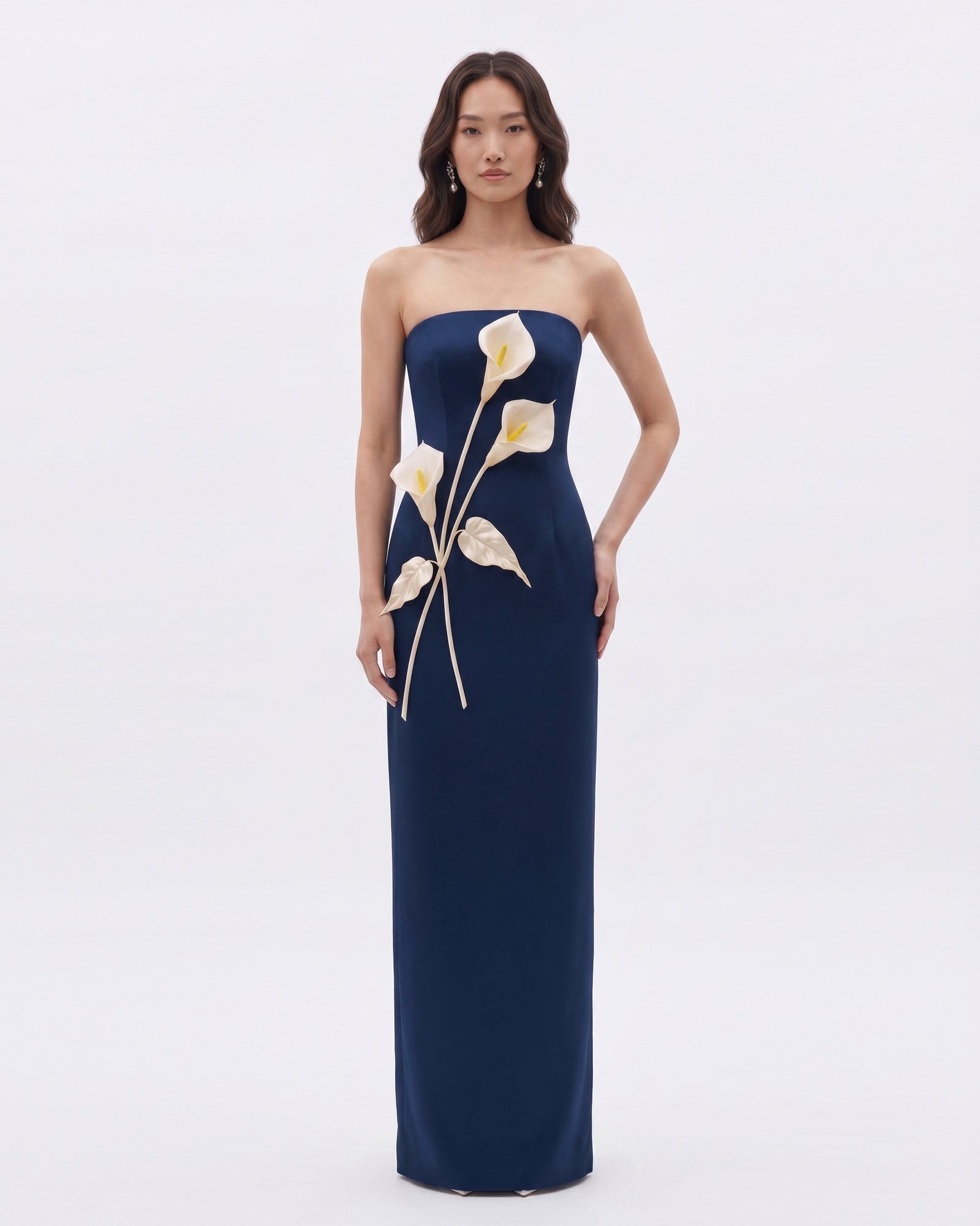 Floral Appliqué Strapless Dress - Yellow