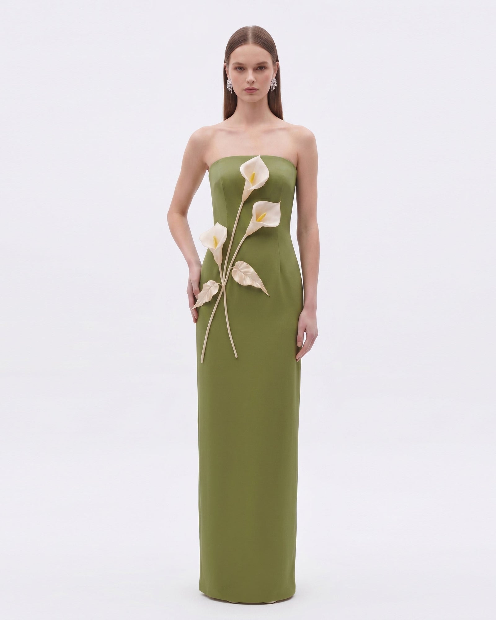 Floral Appliqué Strapless Dress - Yellow