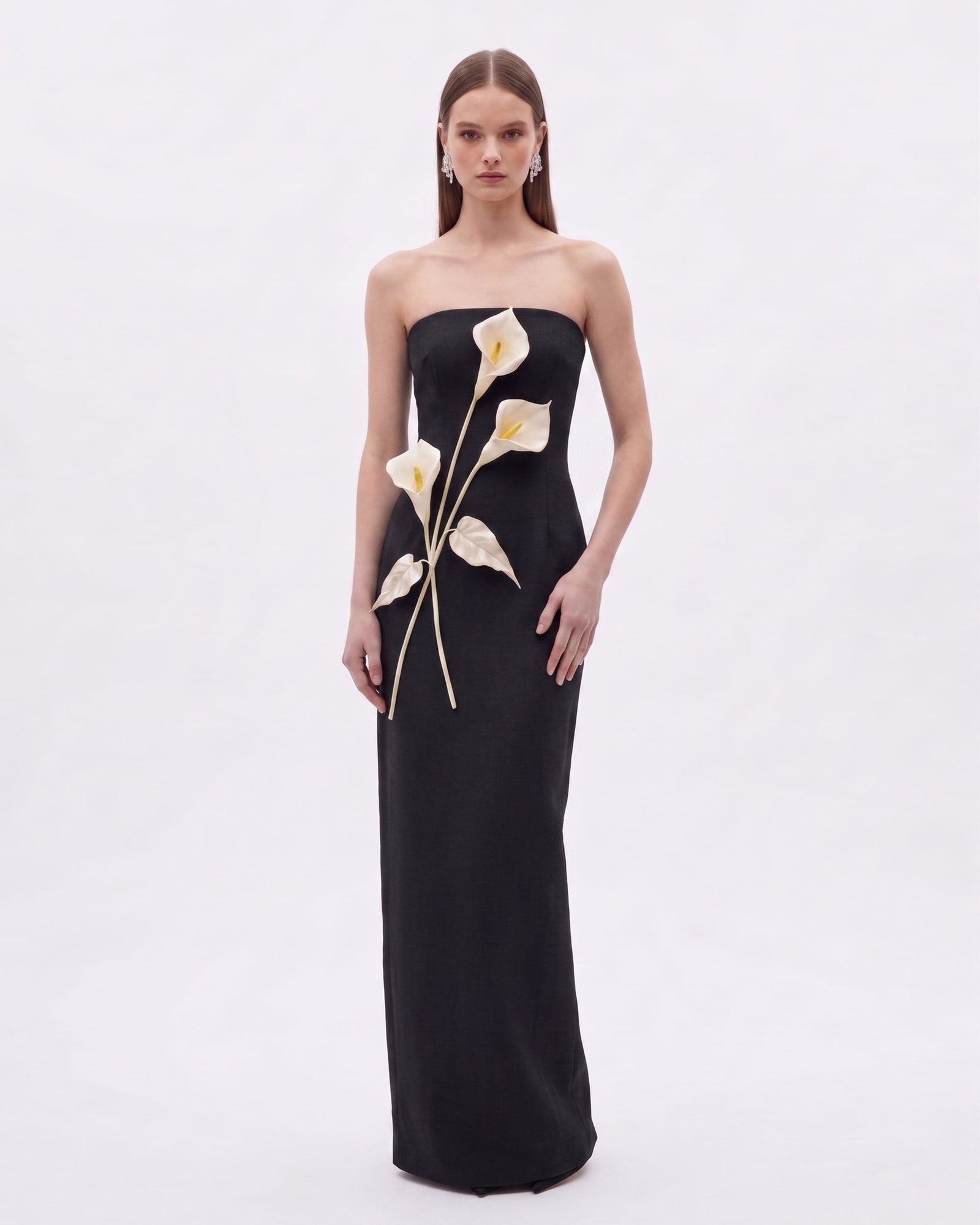 Floral Appliqué Strapless Dress - Yellow