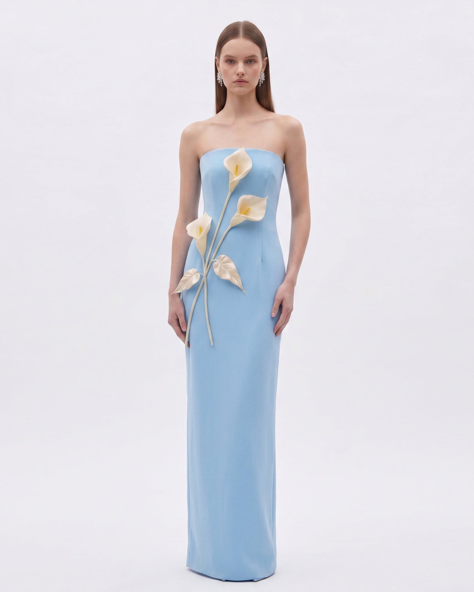 Floral Appliqué Strapless Dress - Yellow