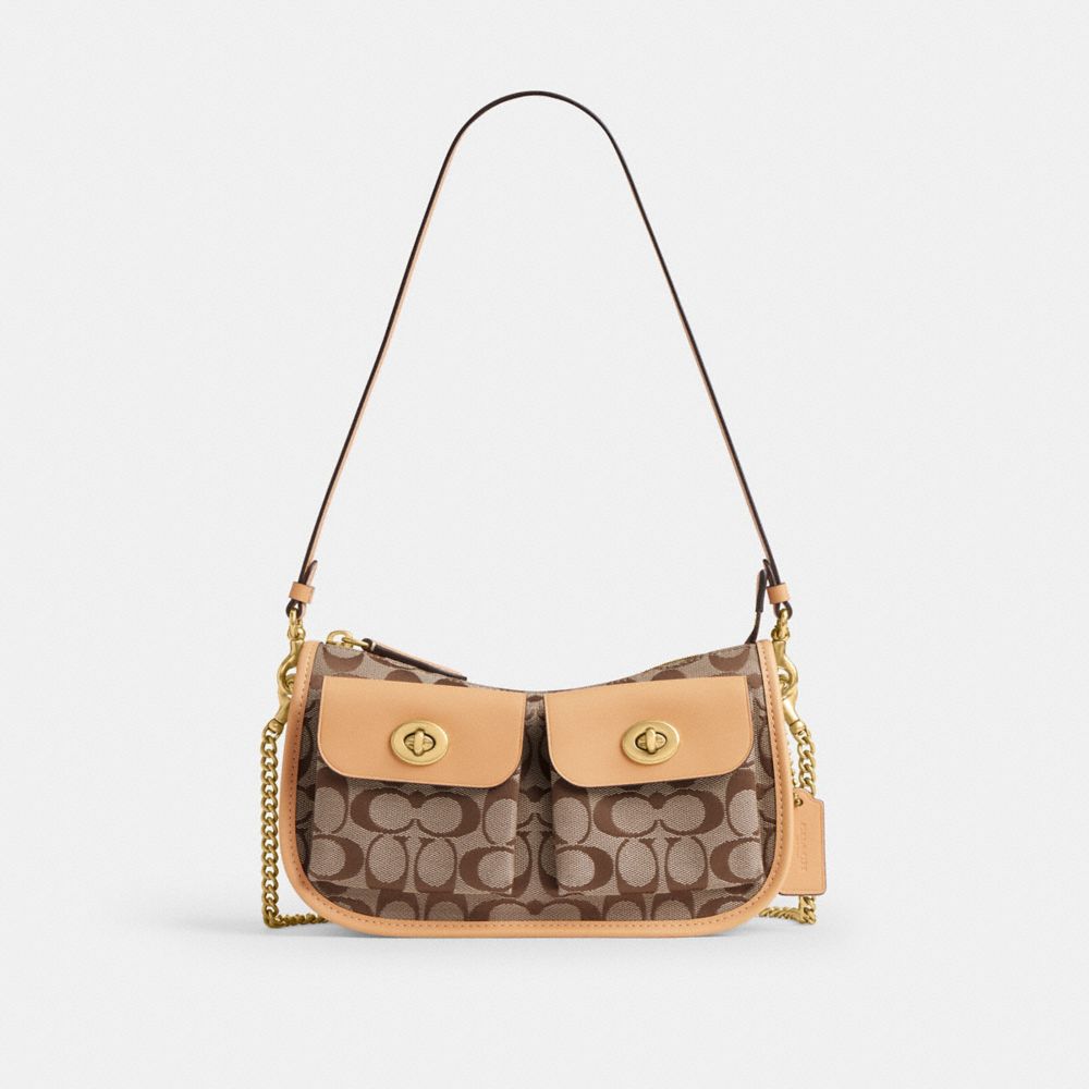 Coach Twin Turnlock Waverly Bag In Signature Jacquard Brass Khaki Light Peach