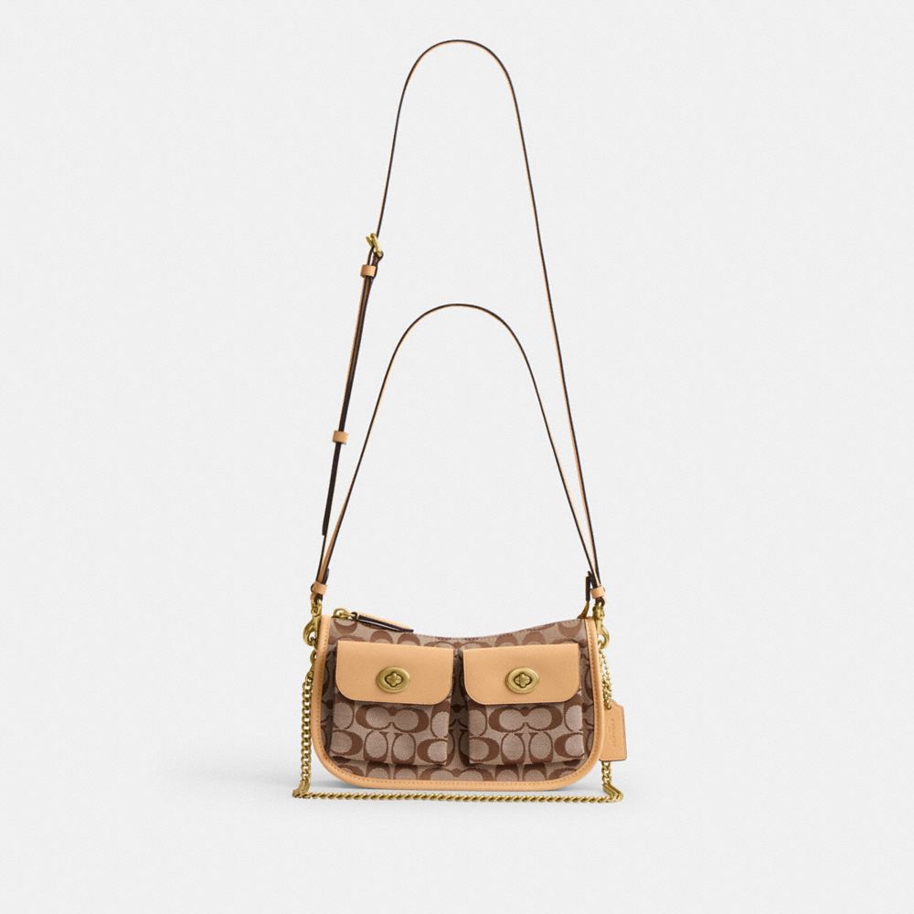 Coach Twin Turnlock Waverly Bag In Signature Jacquard Brass Khaki Light Peach
