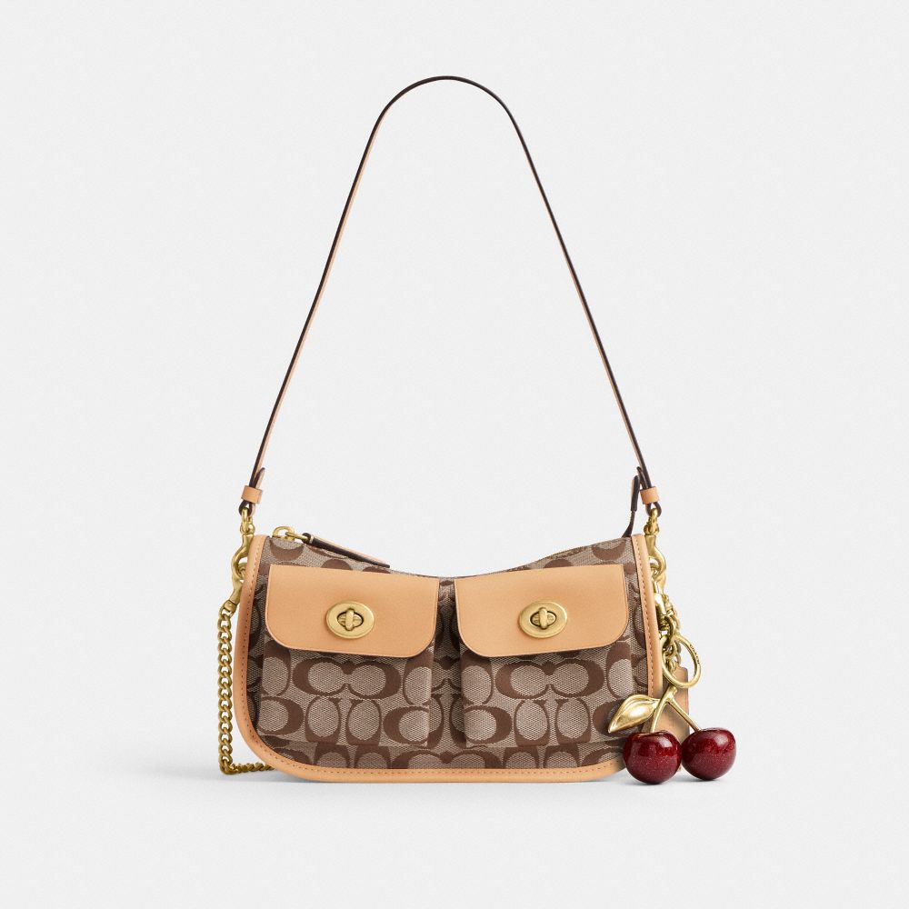 Coach Twin Turnlock Waverly Bag In Signature Jacquard Brass Khaki Light Peach