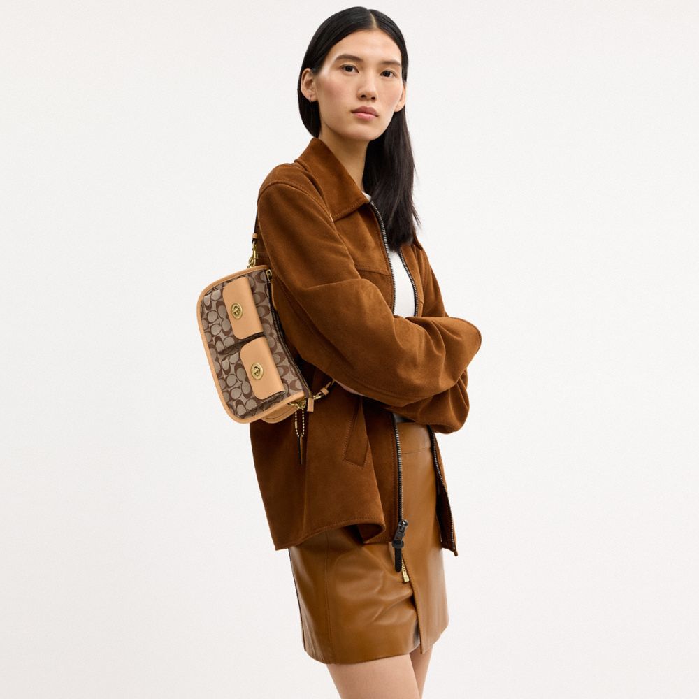 Coach Twin Turnlock Waverly Bag In Signature Jacquard Brass Khaki Light Peach