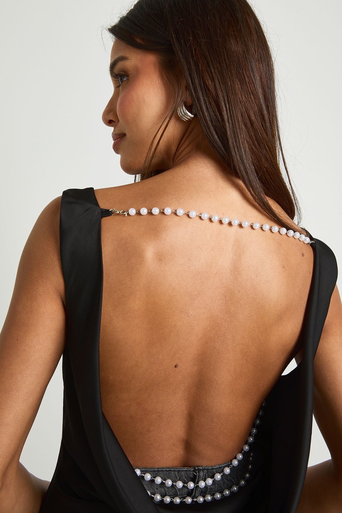 Pearl Trim Satin Cowl Neck Top