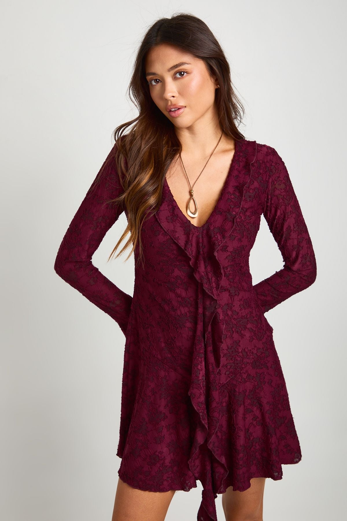 Burnout Floral Ruffle Front Mini Dress