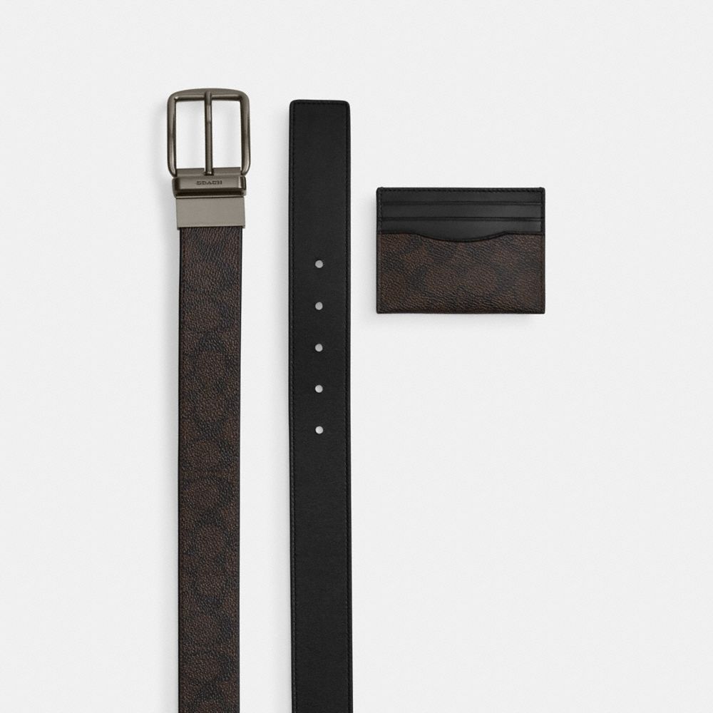 Coach Boxed Card Case And Belt Set In Signature Canvas Gunmetal Walnut Black