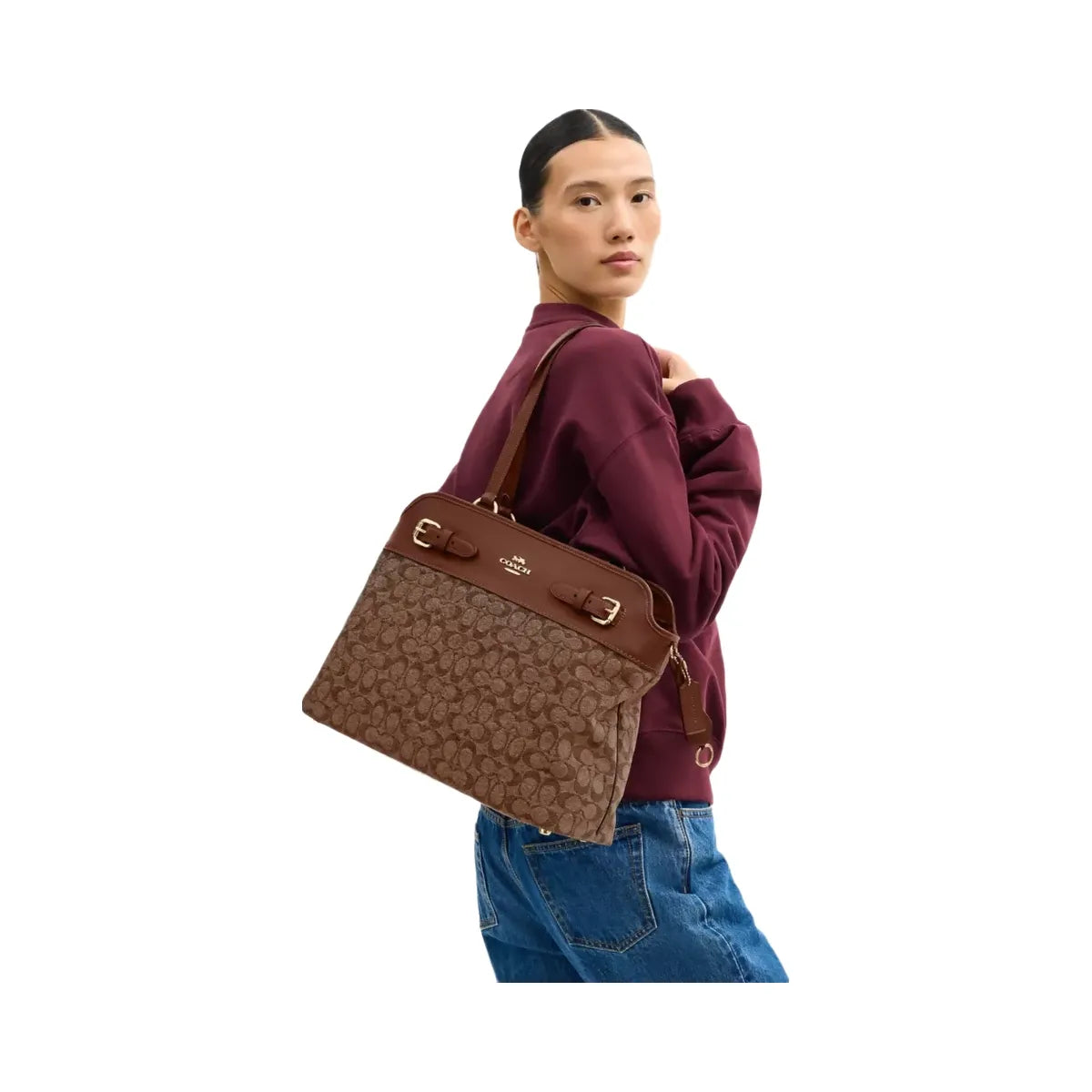 Coach Easton Tote Bag In Signature Chenille in Gold Light Khaki Vintage Brown