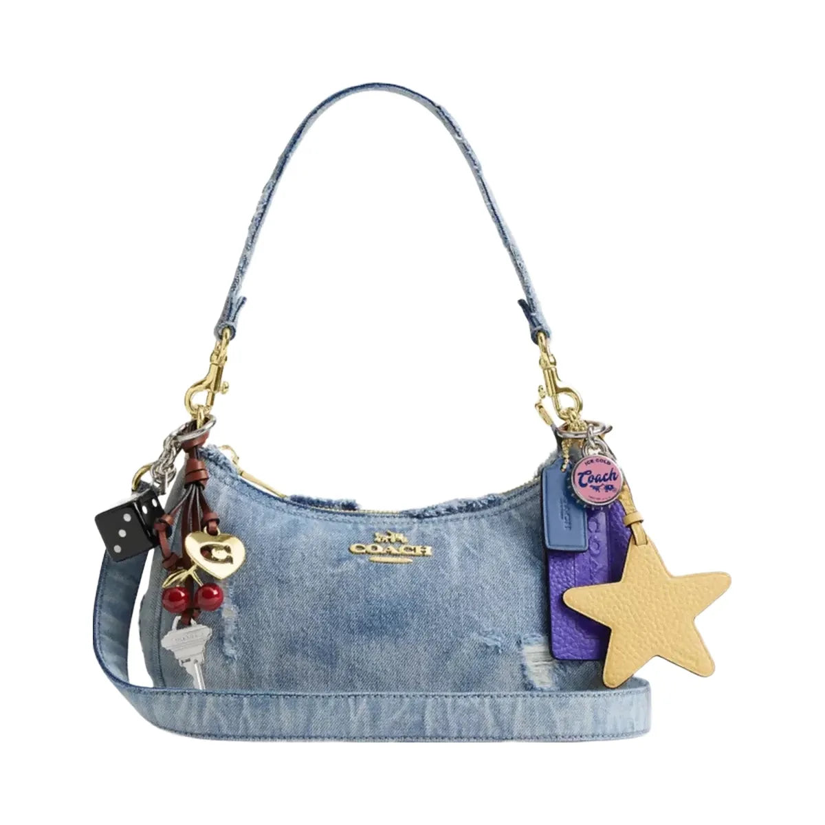 Coach Teri Shoulder Bag In Loved Denim With Charms in Gold Light Indigo