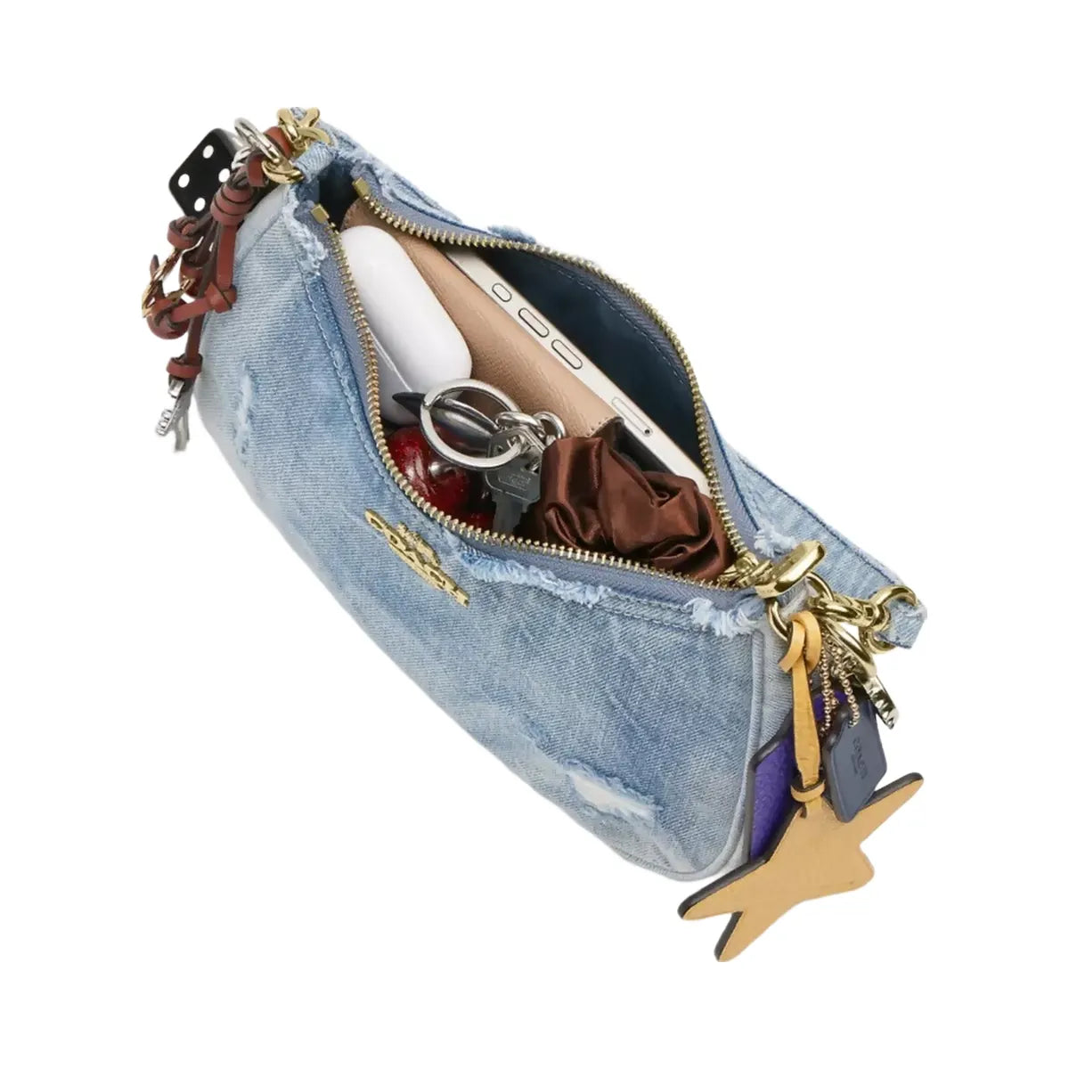 Coach Teri Shoulder Bag In Loved Denim With Charms in Gold Light Indigo