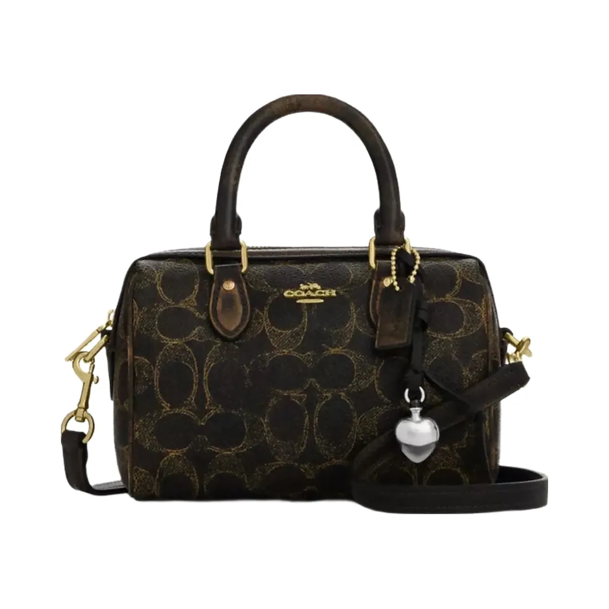 Coach Mini Rowan Crossbody Bag In Loved Signature Canvas With Charms in Gold Brown
