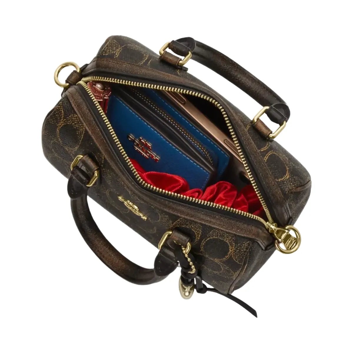 Coach Mini Rowan Crossbody Bag In Loved Signature Canvas With Charms in Gold Brown