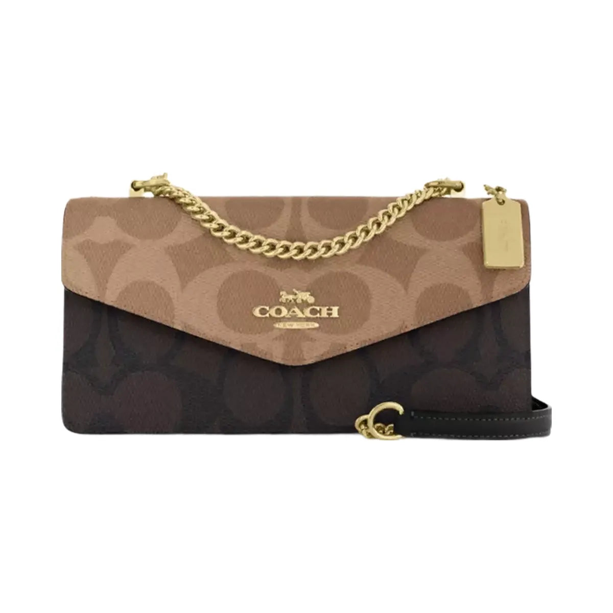 Coach Klare Envelope Crossbody Bag In Blocked Signature Canvas in Gold Walnut Tan