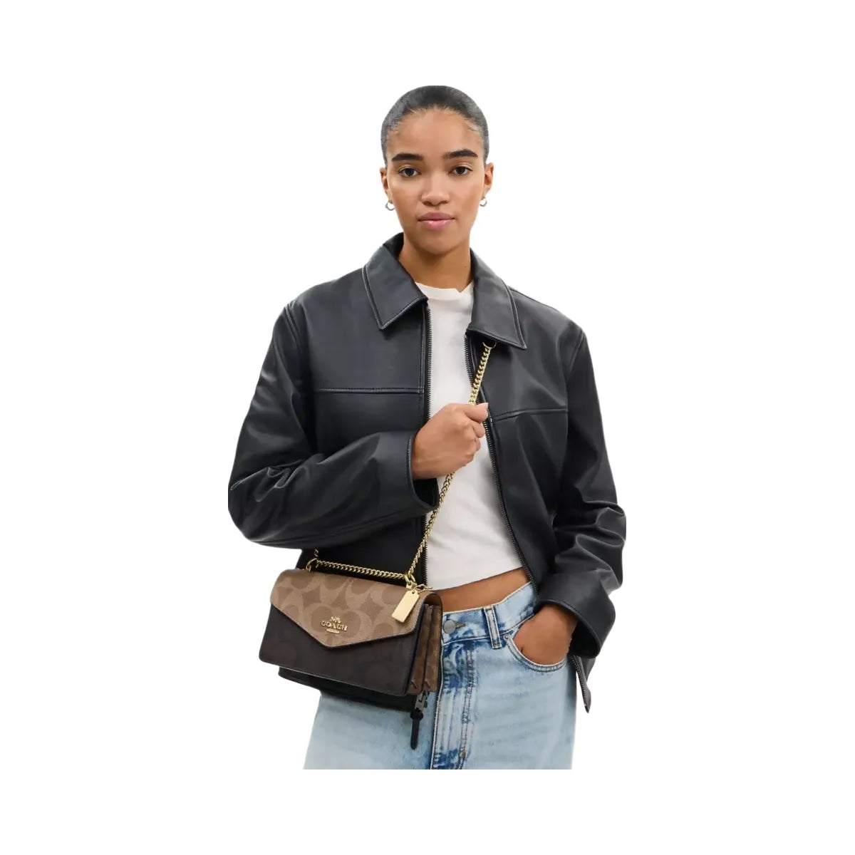 Coach Klare Envelope Crossbody Bag In Blocked Signature Canvas in Gold Walnut Tan